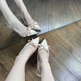 New Naked-Colored Bows In The Summer Of 2025, Sheights Women's Silk Satin Sharp Sandals French Temperament Single Shoes HZ0115
