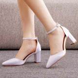 7 Cm Thick Heel Pointed Sandals Spring Square Side Light Female Sandals White Satin Cloth Bride High Heels Large Size HZ0115