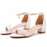 5 Cm Thick Heel Sandals Shallow Mouth With Square Side Buckle Sandals White Embroidered Lace Wedding Shoes High Heels HZ0115