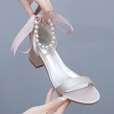 5 Cm Thick Heel Sandals Shallow Mouth With Sandals Champagne Satin Cloth Bride White Sandals Women Wedding Sandals HZ0115