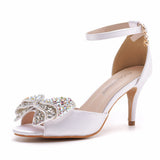 7 Cm Water Drill Bow Bow Fish Mouth High Heel Sandals Silk Satin Cloth Shallow Buckle With Large-Size Round Head High Heels HZ0115