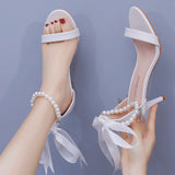 7 Cm White Beads With Sandals Fine Heel Fish Mouth Open Toe High-Heeled Sandals Women Shallow Word With Female Shoes HZ0115