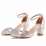 7 Cm Coarse Heel Pointed Shoes Hollow Shoes Square Sandals Water Drill Wedding Shoes Female White Wedding Shoes Diamond HZ0115
