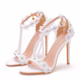 Sandals White Buckle Shoes Fine Heel Fish Mouth Roman Exposed Toe Sandals 11 Cm Beaded High-Heeled Sandals HZ0115