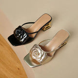 New Word Drag Flower Sandals Mountain Tea Coarse Heel Cool Slippers Women's Summer Fashion High Heel Fish Mouth Shoes Half-Tug HZ0115