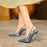 Z Family 2025 Autumn Silk Satin Blue Pointed Fine High Heel Women's Shoes After Stumbling Women's Sandals HZ0115