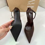 ZA Home 2025 New Women's Shoes Low Heel Temperament High Heels High-Heeled Shoes Back Scratched Single Shoe Net Face Brown HZ0115