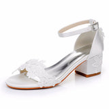 5 Cm Square Sandals Shallow Mouth With Coarse Sandals Horseshoes And White Lace Flowers Bride Wedding Shoes HZ0115