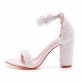 7 Cm Thick Heel Shallow Mouth With Beaded Square Sandals White Lace Wedding Shoes Coarse Heel Sandals HZ0115