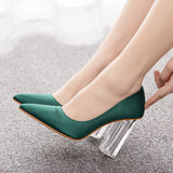 9 Cm Crystal Transparent Square Heel Pointed Shoes Bridal Shoes Silk Satin Dress Dress Shoes Wedding Shoes HZ0115