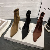 Tide-Brand Silk Satin Sleeve Tip-Headed Short Boots Women 2025 Autumn And Winter New Fine And Elastic Boots Short-Shot Thin Boots HZ0115