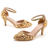 7 Cm Large-Size Sandals Fine Heel Head Water Drill High Heel Sandals Gold Water Drill High Heels Wedding Shoes HZ0115