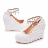 Pearl Lace Wedding Shoes Slope Heel Single Shoe Buckle With Slope Heel Waterproof Table Large Size Shoes Woman HZ0115