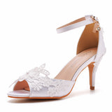 7 Cm Lace Flower Fish Mouth High Heel Sandals Light Mouth Buckle With Large-Size Round Head White Ribbon High Heel Shoes HZ0115