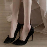 High-Heeled Women's Fine Heel 2025 New Autumn And Winter Weaving French Pointed Single Shoes Small Scented Women's Shoes HZ0115