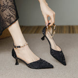 Small Heel Head Sandals Women's Fine Heel French 5- Cm Water Drill Metal Chain One-Character Buckle High Heels HZ0115