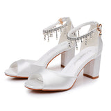 7 Cm Fish Mouth High Heel Sandals Shallow Large-Size Round-Headed Beaded Thaigou High Heels Bridal Wedding Silk Satin Sandals HZ0115
