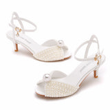6 Cm Fish Mouth High-Heeled Sandals Shallow Mouth Buckle With Large-Size Round-Head High-Heeled Shoes Hollow Fish Mouthed Ribbon Pearl Sandals HZ0115