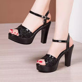 Red Fish Mouth Sandals Women's Summer New Leuky Waterproof Waterproof Thick-Soled Thick Heel Sandals Large-Size High-Heeled Sandals HZ0115