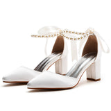 7 Cm Thick Heel Pointed Sandals With Shallow Female Sandals White Beaded Satin Cloth Bride High Heels Large Size HZ0115