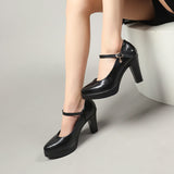 High-Heeled Mary Shoes Fashion Spring And Autumn Mid-Fashion Fashion Thick Heel Tip Buckle Waterproof Table Printing Surface Polyurethane HZ0115