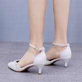 5 Cm Large-Size Sandals Fine-Heeled White Lace Water Diamond Wedding Shoes In The Pearl Bridal Dress Shoes HZ0115