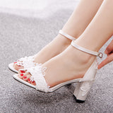 7 Cm White Lace Flower Nail Beads Bride Coarse Heel Sandals Shallow Word With Fish Mouth High Heel Square Roots Sandals HZ0115