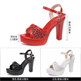 Red Fish Mouth Sandals Women's Summer New Leuky Waterproof Waterproof Thick-Soled Thick Heel Sandals Large-Size High-Heeled Sandals HZ0115