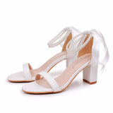 7 Cm Thick Heeled Light Mouth With Sandals Round Head Beads Tied With High Heel Sandals White Wedding Shoes Woman HZ0115