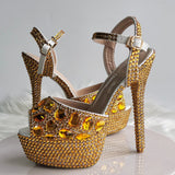 14Cm Fish Mouth High-Heeled Sandals Fine Heel Water Diamond Wedding Shoes Bride Shoes Color Diamond Crystal Sandals Full Of Diamond Shoes HZ0115