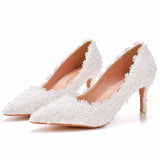 7 Cm Pointed Single Shoes Small Thin Heel Single Heel Single Shoe Tips Shoes Large Size Women's Shoes Lace Wedding Shoes Bridesmaid Shoes HZ0115