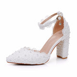 White Lace Pointed Women's Singles Lace Wedding Dress Shoes Spring Thick Heel Sharp Sandals White Wedding Shoes Shallow HZ0115