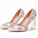 9 Cm Thick Heel Crystal Transparent Square Tip Single Shoe Bridal Silk Satin Cloth Diamond Skirt Wedding Shoes HZ0115