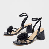 Women's Square Head Stone Pattern Three-Dimensional Flowers Coarse Sandals Women's Shoes Pure Color Gorgeous Black High-Heeled Shoes HZ0115