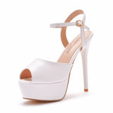 Fish Mouth High Heeled Sandals Fine Heel White Wedding Shoes Bridal Shoes White Buckle Sandals Large Size HZ0115