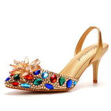 7 Cm Colorful Gold Light-Headed Sandals Water Drill Glass Fine Heel Sandals Large Size Bride Wedding Shoes Women HZ0115