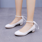 Large-Size 3 Cm Square-Head Single Shoe With A Single Shoe Buckle Mary Jane White Shoes Beads Ribbon Wedding Shoes HZ0115