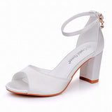 7 Cm Fish Mouth High-Heeled Sandals Shallow Mouth Buckle With Large-Size Round-Head High Heel Bridal Wedding Silk Satin Cloth Coarse Sandals HZ0115