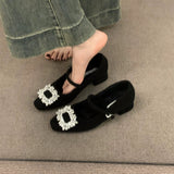 French Plus Plus Gray Mary Jane Hairy Shoes Women's Shoes 2025 Autumn And Winter Temperament High Heel Square Drill Single Shoes HZ0115