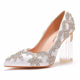 9 Cm Thick Heel Crystal Transparent Square Tip Single Shoe Bridal Silk Satin Cloth Diamond Skirt Wedding Shoes HZ0115