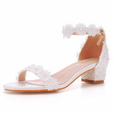 7 Cm Thick Heel Shallow Mouth With Beaded Square Sandals White Lace Wedding Shoes Coarse Heel Sandals HZ0115