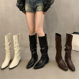 Mi-White Coarse Heel Tip-Tap Pile Boots Long Boots Women's Shoes 2025 New Spring And Autumn Winter Mid-Skinny Knight Boots HZ0115