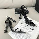 Ys Gold Letter High Heels Women 2025 New Word With Sandals Female Leather Letter Root Metal Sandals HZ0115