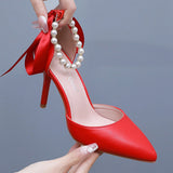 9 Cm Red Fine Heel Finger Beads Tied With Sandals Bride Wedding Dress Dress Long Dress Shoes Large Wedding Shoes HZ0115