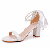 7 Cm Thick Heeled Light Mouth With Sandals Round Head Beads Tied With High Heel Sandals White Wedding Shoes Woman HZ0115