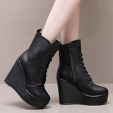 Round Head 12Cm High Slope And Waterproof Table Mid-Sleevel Boots With Side Zipper Women's Boots Pine Cake Plus Velvet Winter Warm Leather Boots HZ0115