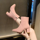 2025 Winter New Korean Version Of High-Heeled Thin Boots Fashion Short Boots Women's Large Size Shoes Bright Leather Side Zipper Coarse HZ0115