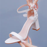 7 Cm Thick Heel Shallow Mouth With Sandals Round Head Fish Mouth Flowers Nails High Heel Sandals White Wedding Shoes HZ0115