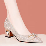 High-Heeled Shallow Single-Shoe Women's Pointed Pearl Water Drill Coarse Heel Wedding Shoes 2025 Spring And Autumn New Ocean With Cheongsam Shoes HZ0115
