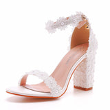 7 Cm Thick Heel Shallow Mouth With Beaded Square Sandals White Lace Wedding Shoes Coarse Heel Sandals HZ0115